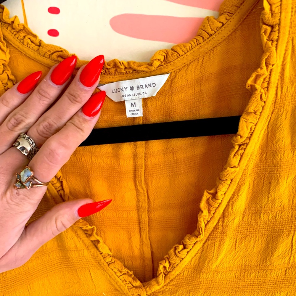 Mustard yellow flower child lucky brand blouse.